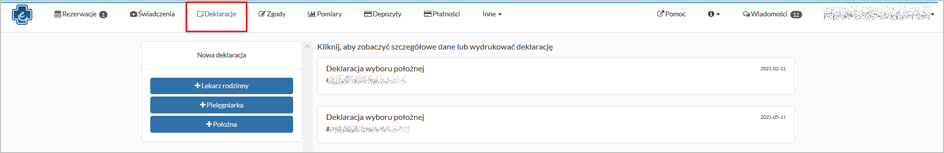 Okno "Deklaracje"